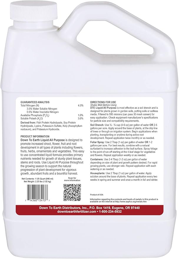 Down To Earth All Natural Fertilizers Organic Liquid All Purpose Concentrate - Plant Food for Vegetable Gardens - Makes up to 32 Gallons 4-1-3 32 oz