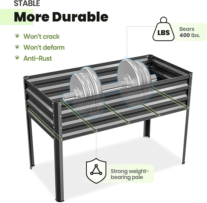 KING BIRD Large Raised Garden Bed with Netting Galvanized Elevated Planter Box with Legs 48×24×56 in for Backyard Patio Balcony 400lb Capacity Dark Grey