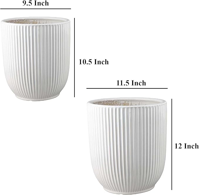 Accent Planter Set of 2 White Ceramic Vertical Ribbed Texture