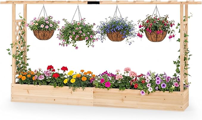 BECOMFORT Raised Garden Bed with Trellis &amp Hanging Roof 45 Tall Fir Wood Planter Box with Drainage Holes Outdoor Elevated Garden Planter for Climbing Vines Perfect for Patio Lawn &amp Backya
