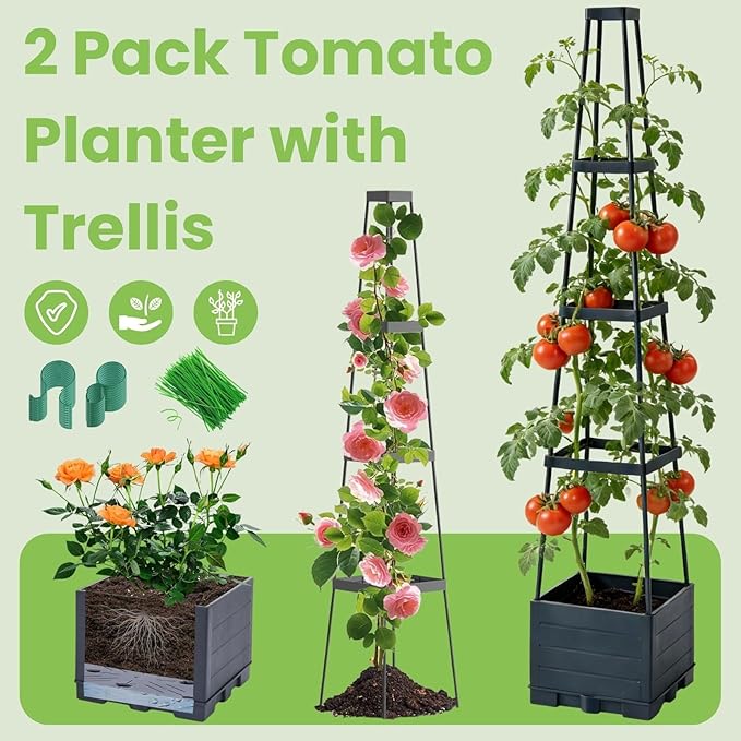 Lancisism 2 Pack Raised Garden Bed Tomato Planter with Trellis - 57 Self Watering Planter Box for Climbing Plants Vegetables Flowers - Garden Tomato Pots with Cage for Patio Greenhouse Indoor Outdoor