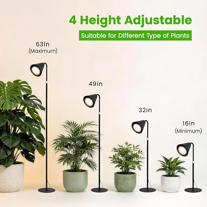 Grow Lights for Indoor Plants 20W Full Spectrum Growing 63in Adjustable Height Stand 4/8/12/16H Auto Cycle Timer 10 Levels Dimmable Remote Control Standing Grow Floor Lamp for Small to Tall Plant