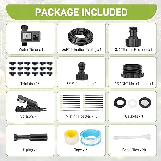 66FT Drip Irrigation Kit with Timer Automatic Garden Watering System with Flexible 360° Bendable Hose &amp Adjustable Emitters Drip Irrigation System for Greenhouse Yard Flower Bed Lawn &amp Pl