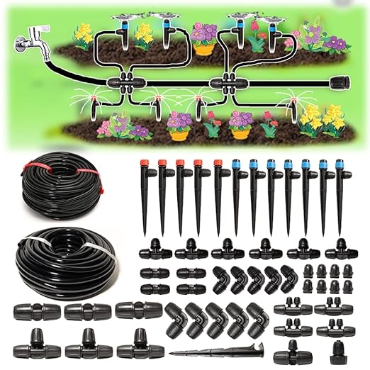 100Ft Drip Irrigation System Kit with Watering Kit Locked Fittings 360 Degree Micro Drip Sprayer Automatic Irrigation Equipment for Small Farm Raised Bed 1/4 Inch 5/16 Inch Irrigation Tubing Hose