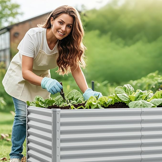 2 Pieces Raised Garden Beds Metal Garden Planter with Open Bottom Sprayed Plate &amp Thickened Corner Protectors Outdoor Planter Box for Vegetables Flowers &amp Herbs (Gray)