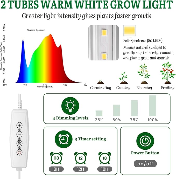 SOLIGT Grow Lights for Seed Starting 2FT LED Full Spectrum Seedling Grow Lights with 4 Brightness &amp 8/12/18H On Timer Adjustable Height Stand for Indoor Plants Seedlings Herbs &amp Vegetables
