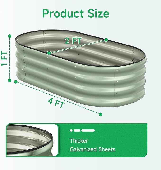 GreatBuddy Galvanized Raised Garden Bed 4×2×1 ft Outdoor Easy Assembly Planter Raised Beds Garden Boxes for Vegetables Fruits Flower Herb Anti-Rust&amp Weather-Resistant Oval Green