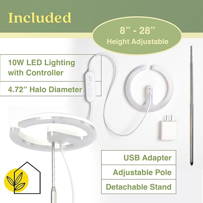 Halo 360 LED Plant Light for Indoor Plants Succulents Orchids Dimmable Adjustable Stand &amp Stake w/USB Adapter &amp Timer 2 Pack