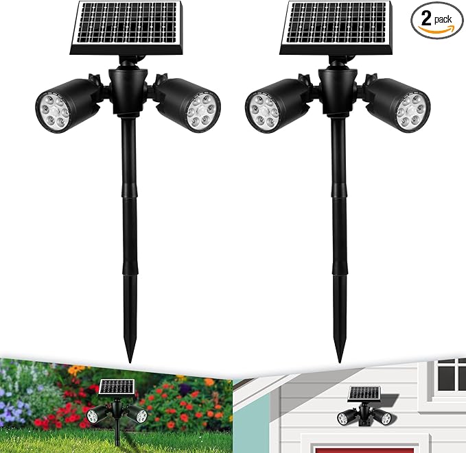 EMANER Outside Motion Solar Lights 5000mAh Auto Detect On/Off or Always On Security Light Solar Spotlights Wall Mount Dusk to Dawn Solar Powered Floodlights with Stake for Lawn Landscape 2Pack