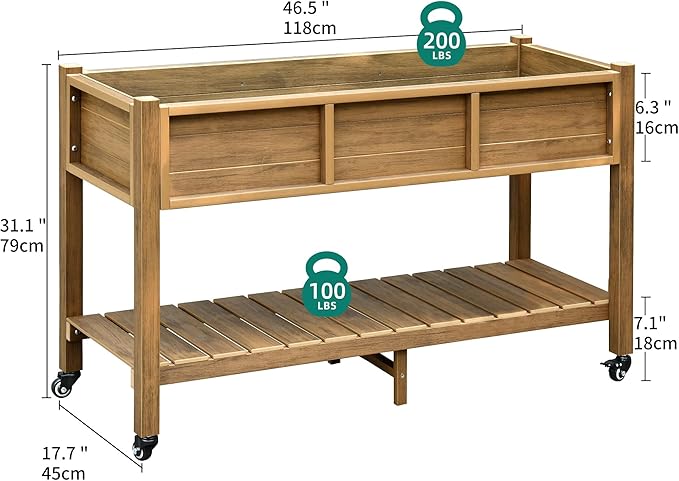YITAHOME Raised Garden Bed HDPE 47x18x31In Herb Garden Bed Poly-Wood Weather-Resistant Elevated Planter Box with Lockable Wheels &amp Storage Shelf for Vegetable Flower Brown