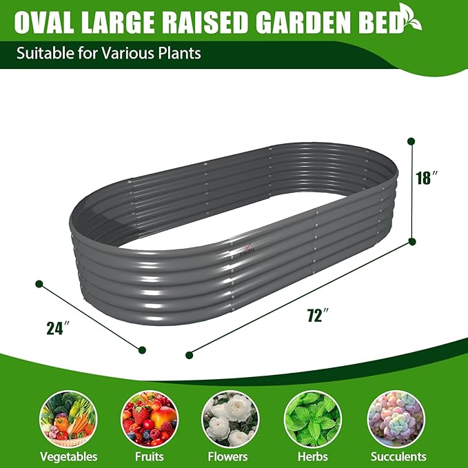 A ANLEOLIFE 4 Pcs 6X2X1.5 ft Oval Round Galvanized Raised Garden Beds Outdoor for Planting Vegetables Flowers Herb Quartz Grey