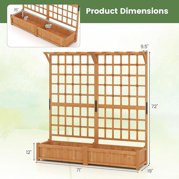 72 Raised Garden Bed with Lattice Trellis Hanging Roof &amp Drainage Holes Elevated Wooden Planter Box for Vine Climbing Plant Flower Herb &amp Vegetable
