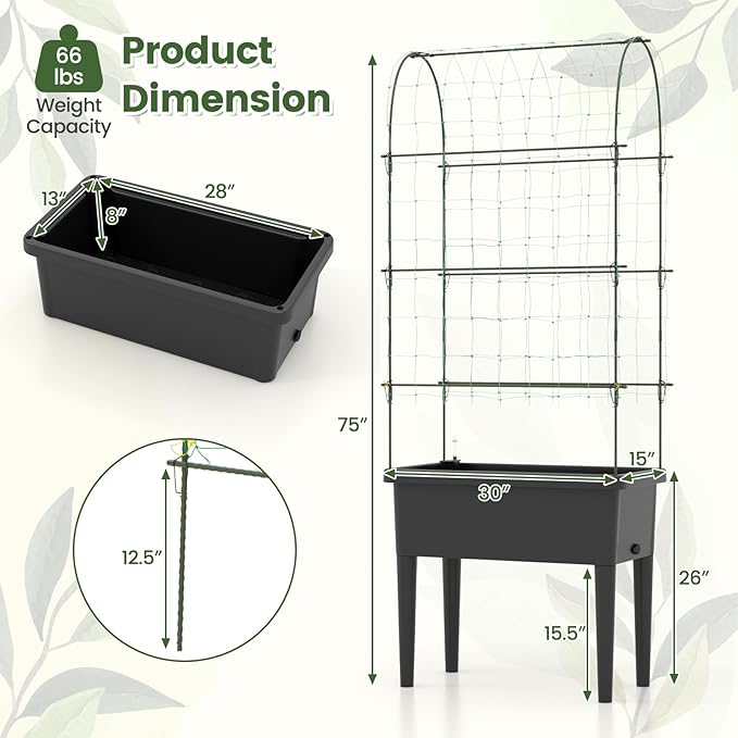 Giantex Raised Garden Bed with Climbing Trellis Self-Watering Elevated Planter Water Level Indicator &amp Drainage Hole Plant Raised Bed for Cucumber Vegetables Fruits Herbs