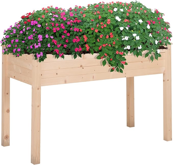 Raised Garden Bed with Legs 48 x 22 x 30 Elevated Wooden Planter Box Self-Draining with Bed Liner for Vegetables Herbs and Flowers Backyard Patio Balcony Use Natural