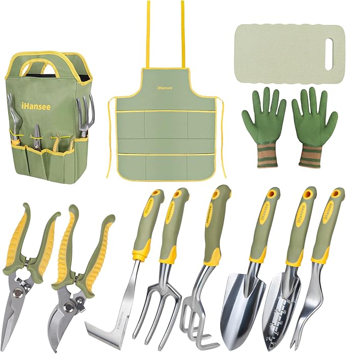 Set of 12 Garden Tool iHansee Heavy-Duty Aluminum Gardening Hand Tools with Rubber Non-Slip Handle Garden Apron Gloves Kneeling Pad and Storage Bag Garden Hand Tools Starter Kit Landscaping Tools