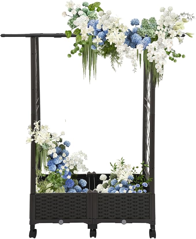 DYNAMI Raised Garden Bed with Wheels and Sided Trellis &amp Hanging RoofMultifunctional Rolling Planter Box Outdoorwith Drainage Holes31.5”x15.7”x51” (L x W x H)