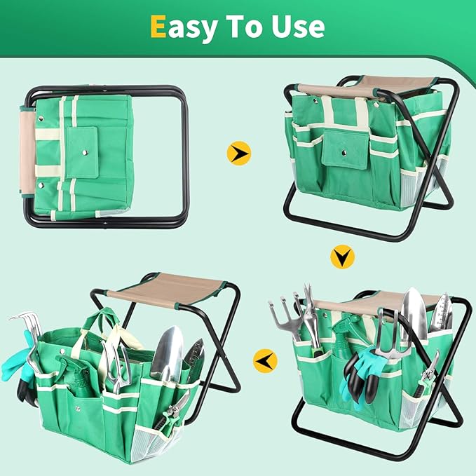 Kitness 9 PCS All-in-One Garden Tools Set Heavy-Duty Cast-Aluminum Gardening Kit with Folding Stool Seat and Detachable Canvas Tool Bag Durable Hand Tools Gift Set for Gardening Lovers