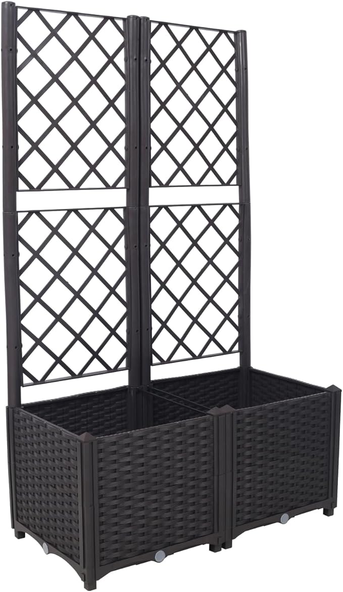 Dawn Poly Rattan Brown Trellis Raised Bed with Drainage Plug - 2 Removable Pots with Large Flower Boxes - Built-in Support for Climbing Plants - Outdoor Patio Garden Decoration