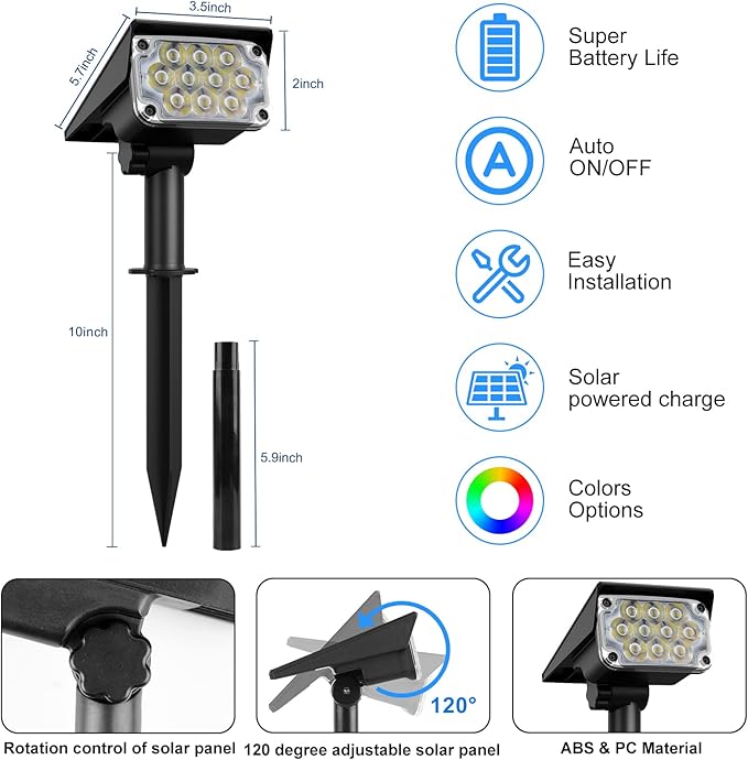 T-SUNUS Solar Color Landscape Spotlights IP65 Waterproof Solar Powered Spot Light Wall Lights Outdoor Solar Landscaping Light for Yard Garden Driveway Porch Walkway Pool Patio