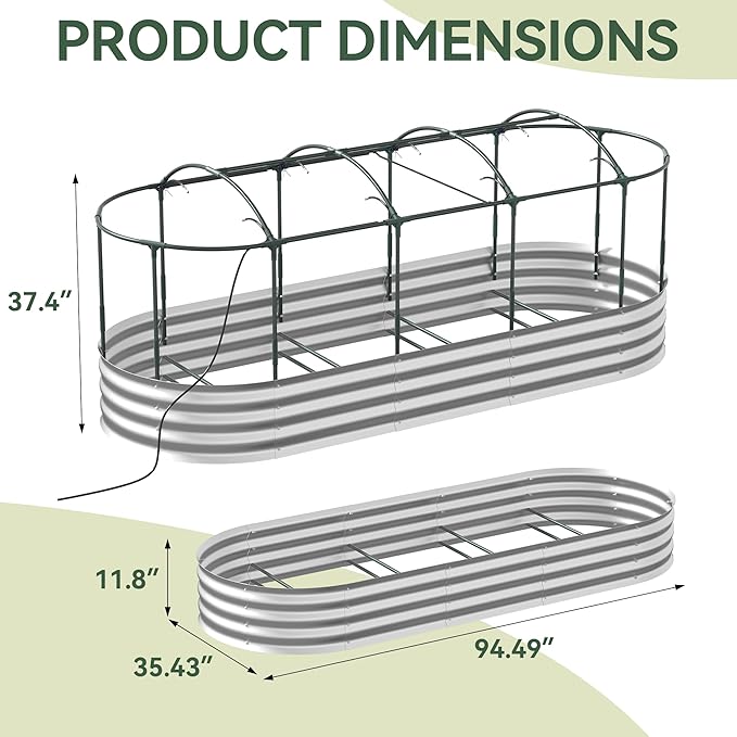 Raised Garden Bed with Self-Watering System 8x3x1 ft Elevated Planter Boxes Outdoor with Mesh Cover Oval Galvanized Raised Beds for GardeningVegetablesFlowers Backyard Patio