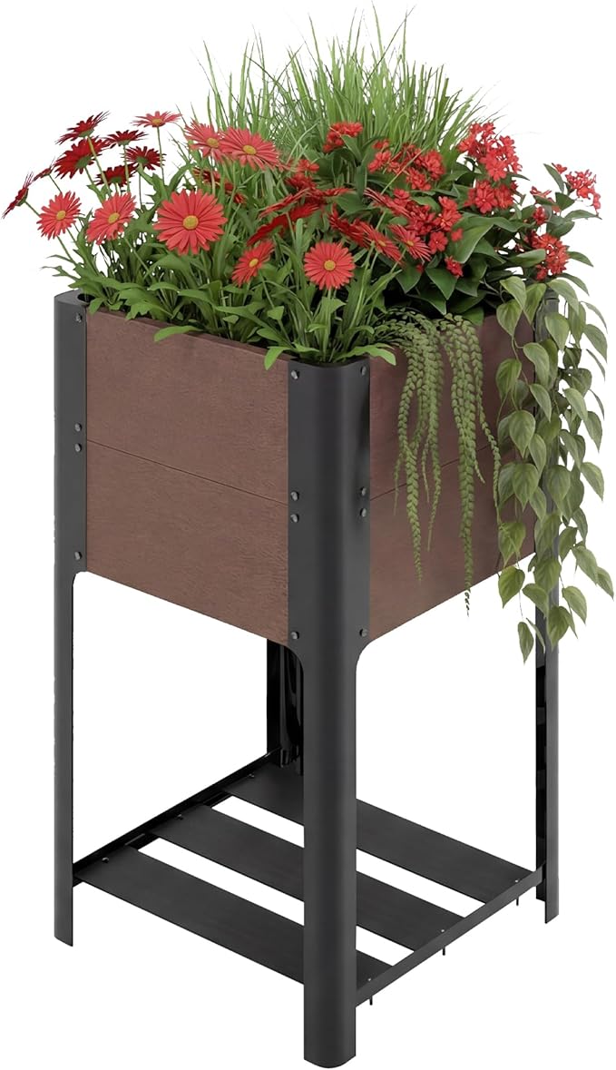 PeakPursuit All-Weather Elevated Garden Bed with Storage Shelf HDPE Wood Grain Planter Box &amp Sturdy Black Aluminum Frame for Vegetables Herbs on Patio Balcony19 l x 33 h