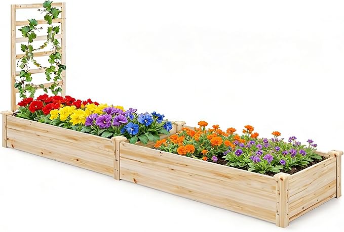 COSTWAY Raised Garden Bed with Trellis Outdoor Wooden Planter Kit for Flowers Herbs Vegetables Fruits &amp Climbing Vines Elevated Garden Planter for Patio 93 L x 25 W x 40 H