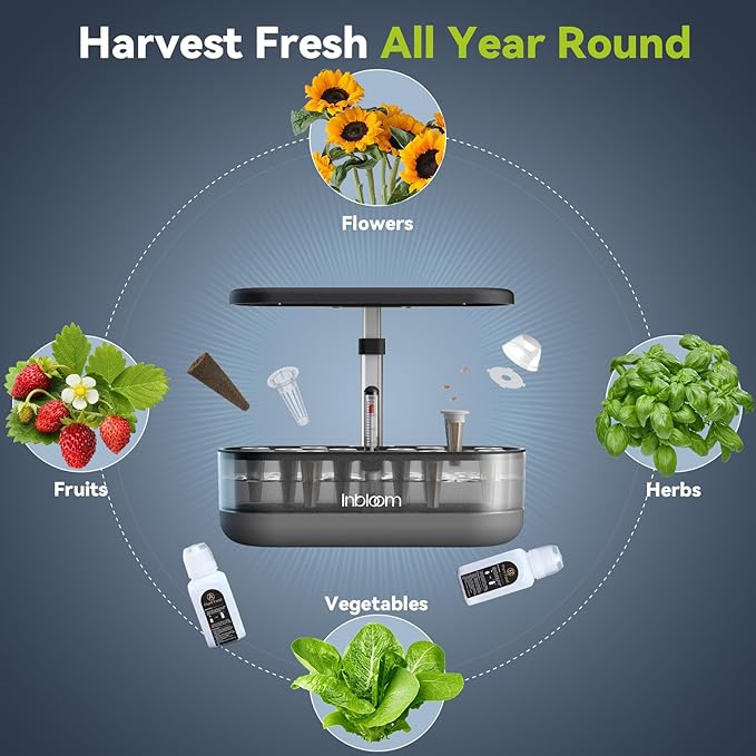 inbloom 12 Pods Hydroponics Growing System Kit Herb Garden Planter Indoor Kit Indoor Gardening Hydroponics Growing System with 4.2L Water Pump Height Adjustable Gifts for Woman Transparent Black