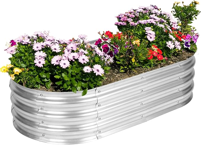 4 x 2 x 1 Ft Galvanized Raised Garden Bed Kit Outdoor Oval Planter Box for Vegetables Flowers Herbs Deep Rooted Silver