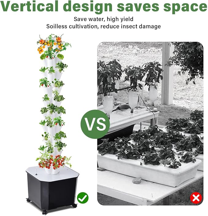 10-Layer 50 Trays Hydroponics Tower with Timer and 4 Wheels Upgraded 50L Water Tank Capacity Multifunctional Indoor Hydroponics Growing System Tower for Leafy Vegetables