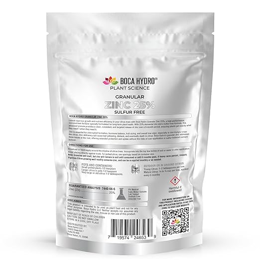 Granular Zinc Fertilizer 25% Slow Release Formula for All Citrus and Nut Trees Improves Fruit Set Corrects Branch Die Off and Little Leaf Long Lasting Indoor or Outdoor (1 Lb)