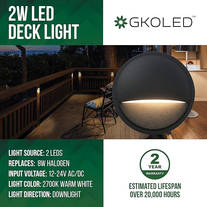 GKOLED 4-Pack Low Voltage Black Round Deck Lights with Mini Size Brass Landscape Spotlight