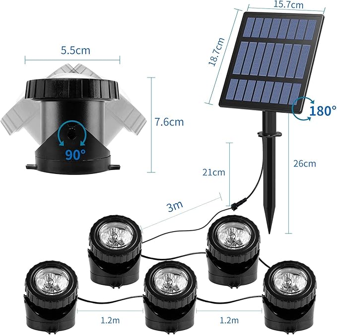 T-SUN Solar Spotlights 4-in-1 5W Solar Powered LED Spotlights 3000K 1 Pack and Solar Pond Lights 5 Headlamp RGB LED Pool Lights 1 Pack