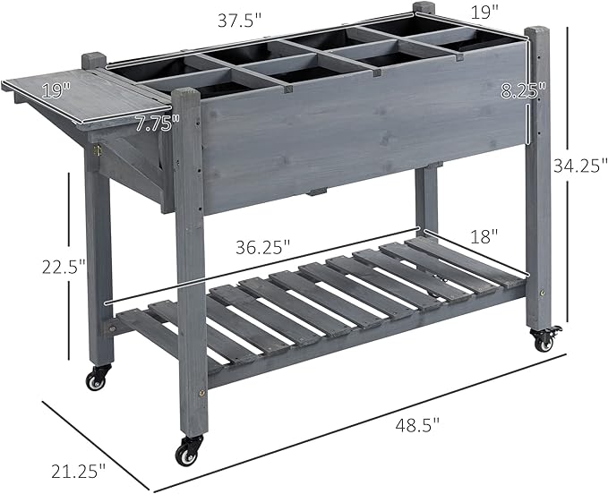 Outsunny Raised Garden Bed with 8 Grow Grids Wooden Outdoor Plant Box Stand with Folding Side Table and Wheels 49 x 21 x 34 for Vegetables Flowers Herbs Gray