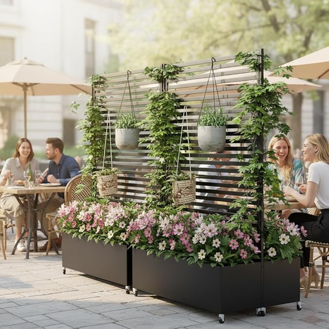 Double Metal Planter Box with Trellis Privacy Screen Raised Garden Bed with Trellis &amp Wheels Planter Box Outdoor with Drainage Holes for Climbing Plants Vines73x 47x 30 Black