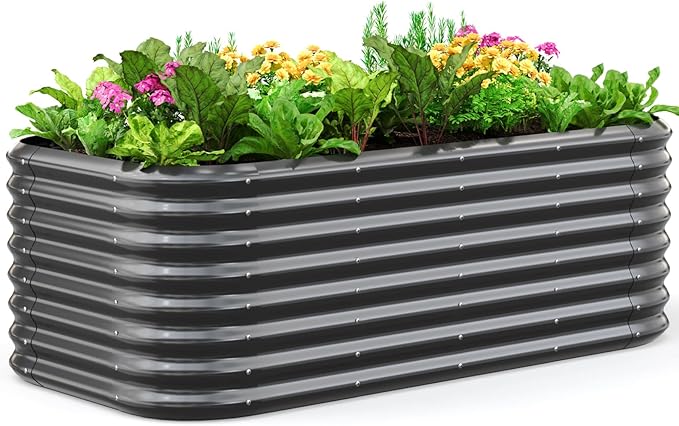 Quictent Galvanized Raised Garden Bed Kit 6x3x2 ft Oval Metal Planter Box Tall for Vegetables Outdoor Backyard Strengthened by Crossbar Dark Gray