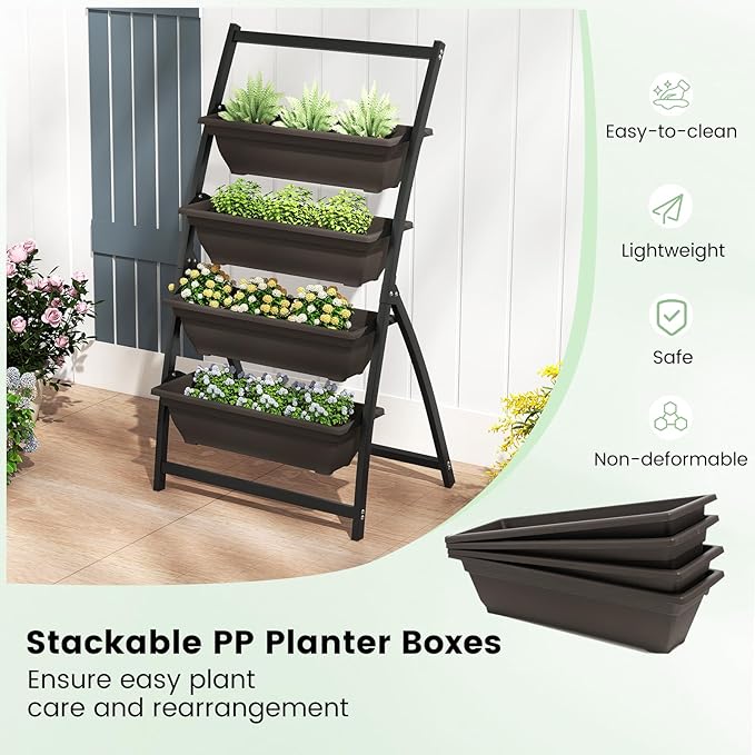 HAPPYGRILL 4-Tier Vertical Raised Garden Bed Elevated Planting Bed w/ 4 Stackable Flowerpots &amp Drainage Holes Indoor Outdoor Freestanding Planter Box w/Legs for Patio Yard (226 x 20.5'' x 49''