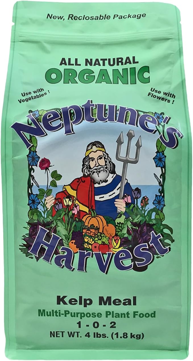 Neptune’s Harvest Organic Kelp Meal Plant Food (1-0-2) - 4 lb Resealable Bag - Multi-Purpose Seaweed Fertilizer - Indoor &amp Outdoor Plant Fertilizer for Lawns Gardens Vegetables &amp Bulbs