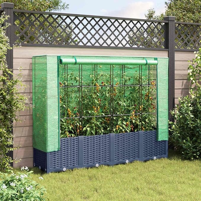 Raised Garden Bed Blue Grey Polypropylene 63x15.7x54.3 Inch Planter Box Imitation Rattan Texture Outdoor Indoor Gardening Elevated Planters for Vegetables Herbs Flowers