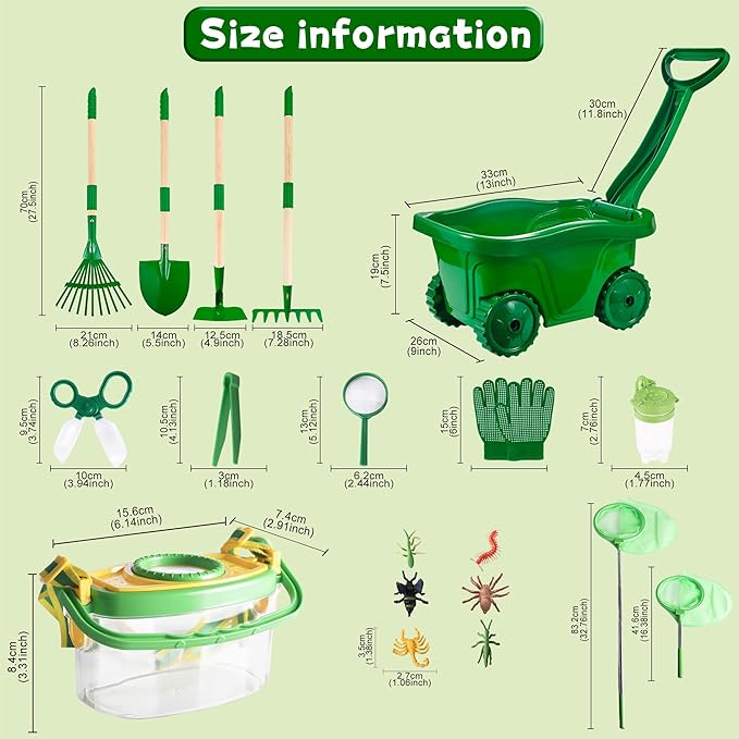 Duckura Kids Gardening Tools Bug Catcher Kit Outdoor Toys with Wheelbarrow Set and Shovel Rake Bug Catcher Kit Summer Yard Digging Weed Birthday Gifts Toys Easter for Boys Girls Age 2 3+