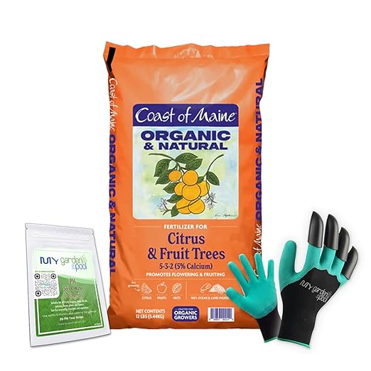 Coast of Maine CT6501 Citrus &amp Fruit Tree Plant Food 12 LB – Organic Granular Fertilizer for Fruit Trees with My Garden Pool Soil Test Strips &amp Gardening Claw Gloves