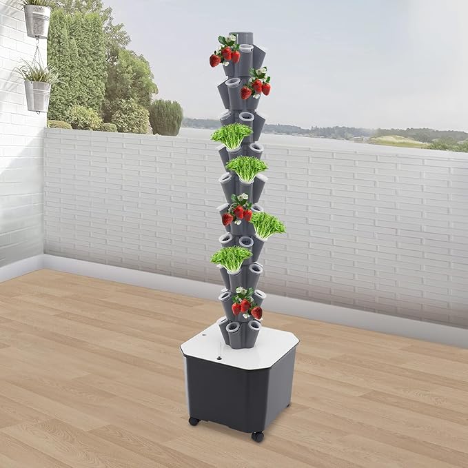 Eapmic Hydroponics Growing System Tower Garden 10-Tier 50-Hole Vertical Planter with 45L Water Tank &amp Auto Watering Indoor/Outdoor Hydroponic Garden Kit w/Wheels (Grey)