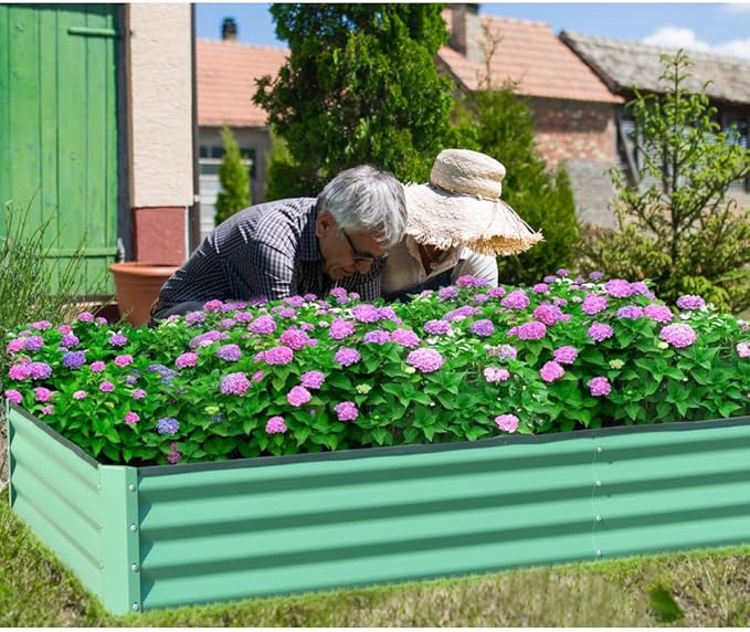 Heavy-Duty Galvanized Steel Raised Garden Bed for Outdoor Vegetable Fruit and Flower Planting – Rust-Resistant Metal Planter Box (8x4x1ft (Green))