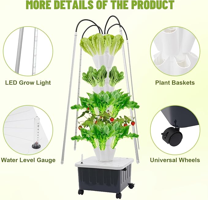 8 Tiers 40-Plant Hydroponic Growing Tower with LED Grow Light Indoor Garden Planter with Wheels &amp Timed Plug Vertical Smart Herb Garden for Fruits Vegetables Herbs