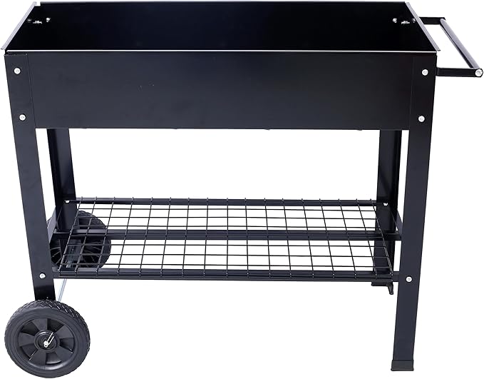 Elevated Raised Garden Bed with Legs and Wheels Mobile Metal Planter with Storage Shelf for Patio Backyard and Balcony Powder-Coated Black for Growing Vegetables Herbs and Flowers