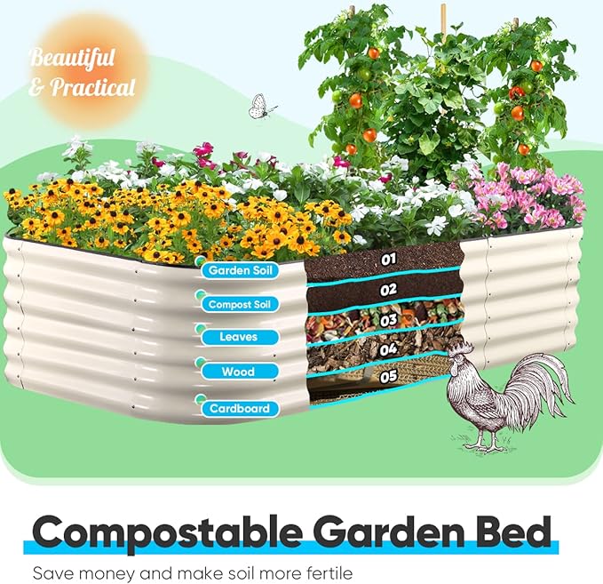 Quictent Galvanized Raised Garden Bed Kit 8x4x1.5 ft Oval Metal Planter Box Tall for Vegetables Outdoor Backyard Rubber Strip Edging Included (Beige)