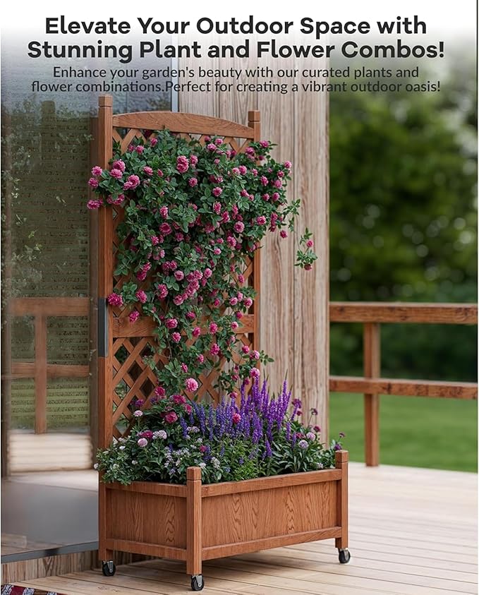 Acekool Wood Planter Box with Trellis &amp Wheels - Raised Vertical Garden Bed with Drainage - for Flowers Herbs &amp Vegetables - 1PCS