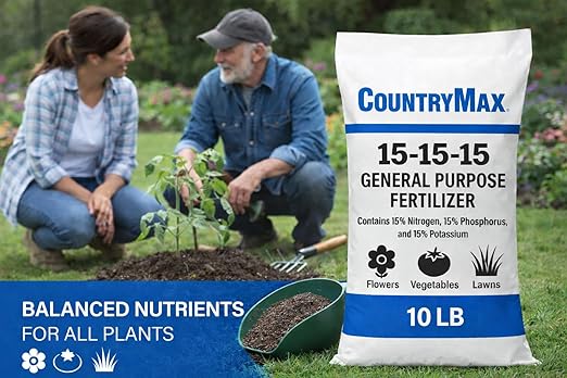 CountryMax 15-15-15 All Purpose Fertilizer 10 lb Bag Balanced Nutrition for Flowers &amp Vegetable Beds Raised Gardens Lawns &amp Grass Supports Soil Health and Consistent Growth