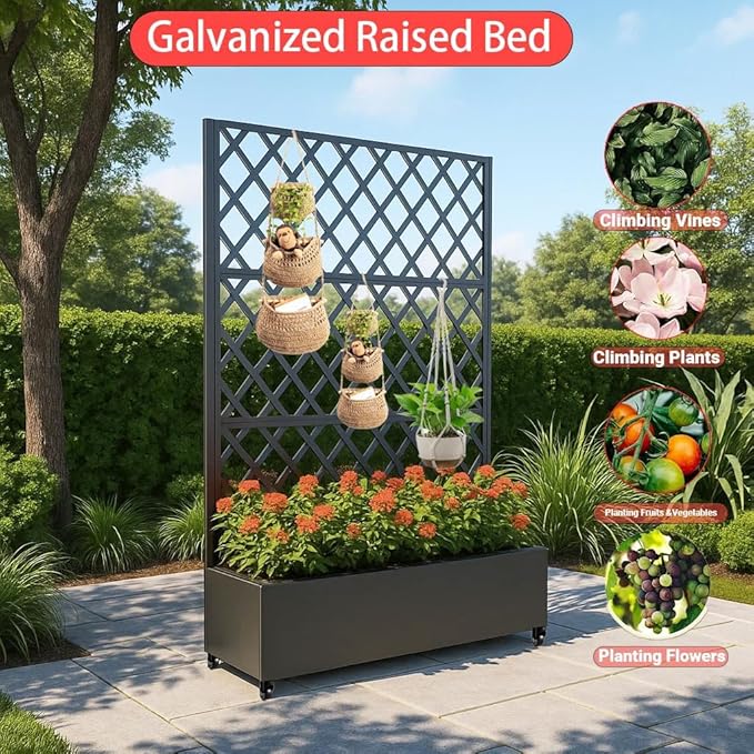 Outdoor Metal Privacy Screen with Trellis &amp Planter Box – 72 x 47 3-Panel Raised Garden Bed on Wheels with Drainage Patio Divider for Climbing Plants &amp Vegetables Black Wheeled - Diagonal