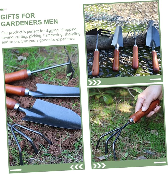 VALICLUD 4pcs Garden Hand Tool Set with Extended Narrow Spade 3-Prong Cultivator Dual-use Hoe and Rake and Soil Scoop for Planting and Weeding in Small Planters