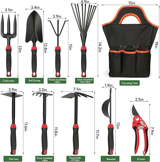10 Pack Garden Tool Set - Carbon Steel Heavy Duty Gardening Set with Non-Slip Handles &amp Carry Bag Garden Hand Tools Gift for Women and Men